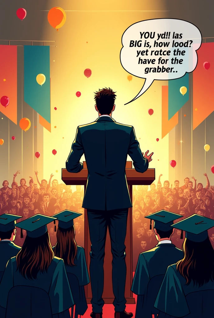 man speaking on stage graduation comic