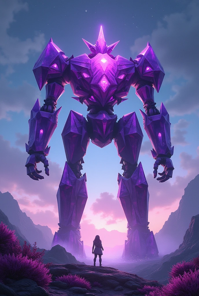 purple crystal-like jagged bodied large mech with jagged crystal legs and is floating above ground