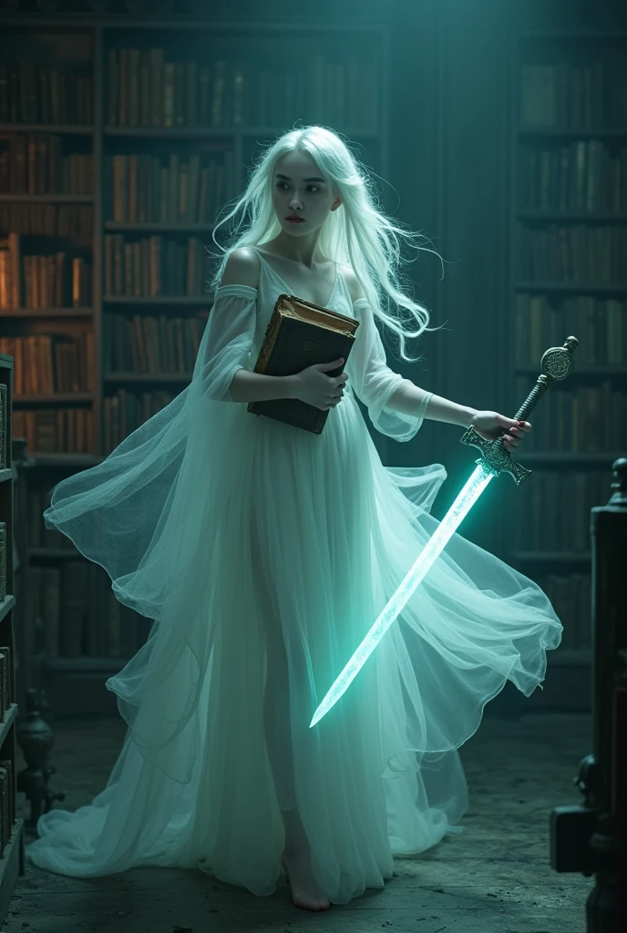 Hot 20 year old girl ghost
keeping books in one hand and in ther had sward Teras coming from her eye. Image should in 16:9 ratio for YouTube thambnail. Looking front