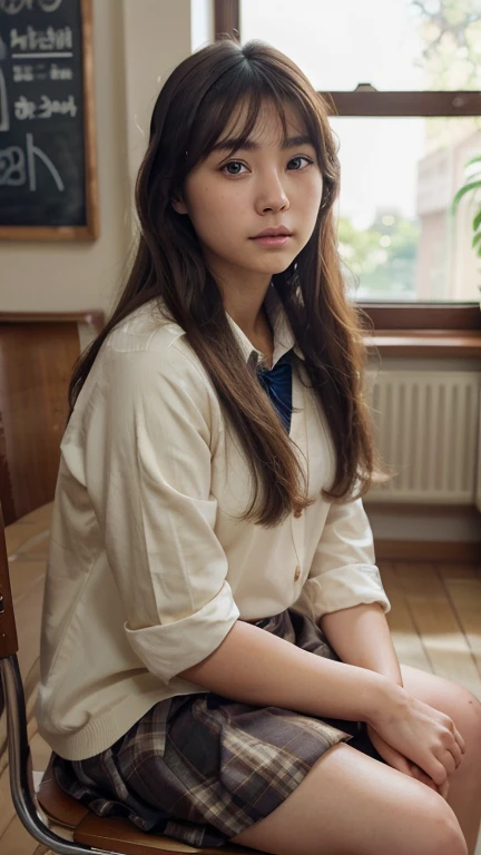 marin kitagawa, realistic, 1girl, beautiful detailed eyes, beautiful detailed lips, extremely detailed face and features, long eyelashes, beautiful intricate hairstyle, school uniform, sitting on chair, natural lighting, soft shadows, warm color tones, highly detailed, photorealistic, 8k, masterpiece