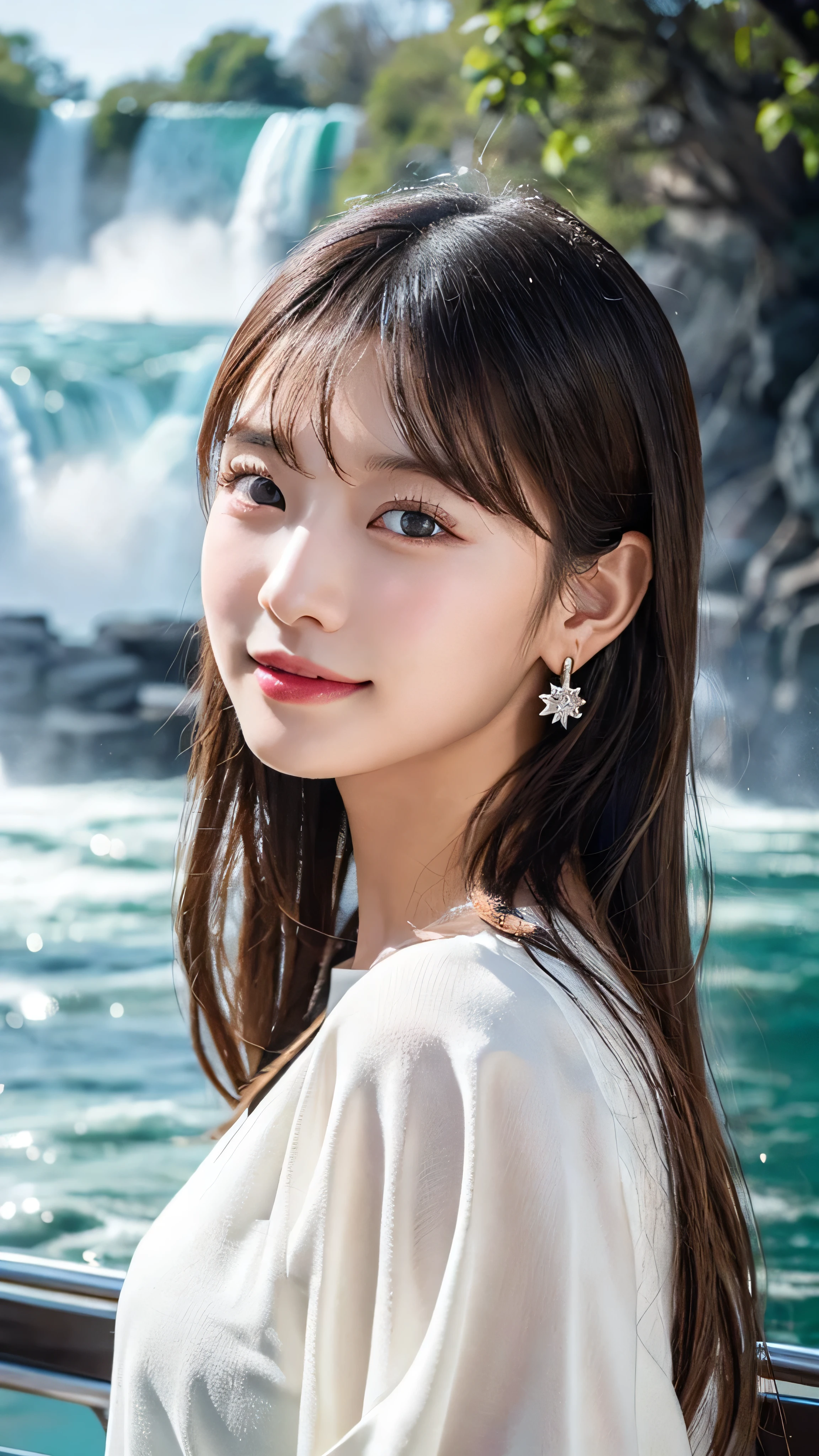 （３２hair,High resolution,Attention to detail,High resolution,high density,alone,In addition：1.3）,（Realistic person々,Live Action,fine grain,High resolutionの目,Beautiful Eyes,Eyes that look alive,美しい濃いBlue eyes,Fishing eyes,Detailed lips,Translucent white skin,Realistic face in every detail：1.3）,（Japanese Ido,hairorean Idols,Japanese Model,hairorean models,hairorean hair-Pop Female Idols：1.2）,（blush,Natural Makeup,necklace,Earrings,Belly button earrings：1.4）Beautiful casual look：1.6）,（Shapely breasts：1.5）,（Young but very beautiful hairorean１6 years old ,Fashion Leader,Fashion Model,Soft Skin,Unforgettable Eyes,Her eyes are so beautiful,I want to go to the Paris Collection.........,Cutting-edge fashion：1.6）,（Please show me your whole body,Showing off full-body fashion,スタイリッシュなBlue eyes：1.7）（Random Trend Fashion:2.0）smile、angel&#39;Smile、1 person, Very beautiful Japanese idol portraits, 
(RAW Photos, Highest quality), (Realistic, Realistic:1.4), (masterpiece), 
Very delicate and beautiful, Very detailed, 4K wallpaper, wonderful, finely, Very detailed CG Unity 8k 壁紙, Very detailed, High resolution, Soft Light, 
Beautiful details, Very detailed目と顔, Beautiful and sophisticated nose, finelyてBeautiful Eyes, Cinema Lighting, 
(Take a photo in front of Niagara Falls on a sightseeing boat:1.3),
(Medium Hair), (Parted front hair), 
Complete Anatomy, Slender body, smile、Blue eyes、