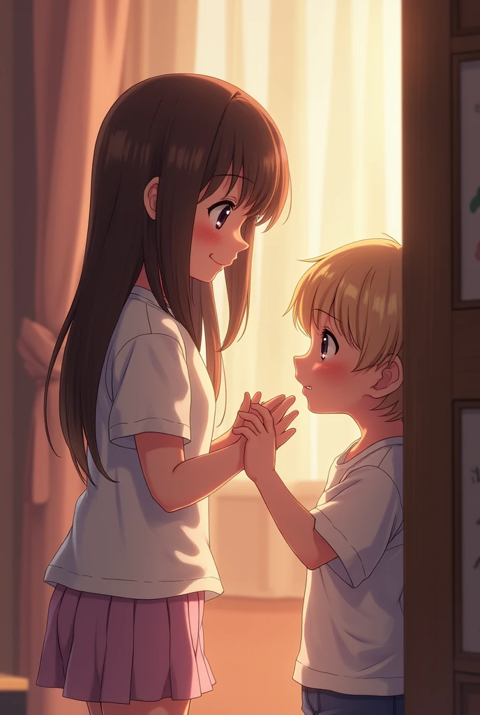 Beautiful anime girl looking at her 12 year old brother's cock