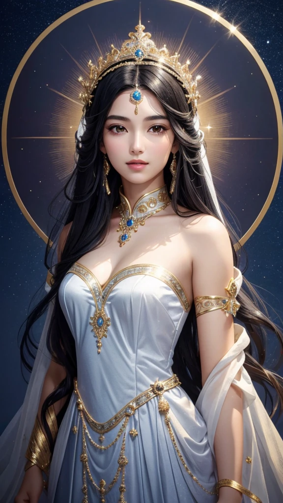 "A serene and ethereal goddess with long, flowing black hair that shines like silk under the moonlight. She exudes an aura of purity and grace, embodying a sense of quiet elegance. She is dressed in a well-fitted, structured dress that fully conceals her upper body, emphasizing her regal and composed demeanor. The dress is simple yet sophisticated, reflecting her modesty and inner strength. Atop her head rests a delicate crown made of intertwined gold and silver, adorned with small, glowing gems that resemble stars. The image focuses on her upper body, with the goddess facing directly forward, a gentle and warm smile gracing her lips. The background is a tranquil, twilight landscape with soft hues of blue and purple, highlighting her divine presence."