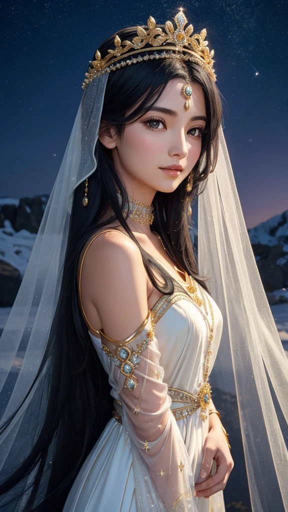 "A serene and ethereal goddess with long, flowing black hair that shines like silk under the moonlight. She exudes an aura of purity and grace, embodying a sense of quiet elegance. She is dressed in a well-fitted, structured dress that fully conceals her upper body, emphasizing her regal and composed demeanor. The dress is simple yet sophisticated, reflecting her modesty and inner strength. Atop her head rests a delicate crown made of intertwined gold and silver, adorned with small, glowing gems that resemble stars. The image focuses on her upper body, with the goddess facing directly forward, a gentle and warm smile gracing her lips. The background is a tranquil, twilight landscape with soft hues of blue and purple, highlighting her divine presence."