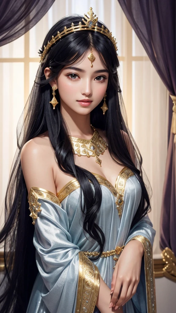 "A serene and ethereal goddess with long, flowing black hair that shines like silk under the moonlight. She exudes an aura of purity and grace, embodying a sense of quiet elegance. She is dressed in a well-fitted, structured dress that fully conceals her upper body, emphasizing her regal and composed demeanor. The dress is simple yet sophisticated, reflecting her modesty and inner strength. Atop her head rests a delicate crown made of intertwined gold and silver, adorned with small, glowing gems that resemble stars. The image focuses on her upper body, with the goddess facing directly forward, a gentle and warm smile gracing her lips. The background is a tranquil, twilight landscape with soft hues of blue and purple, highlighting her divine presence."