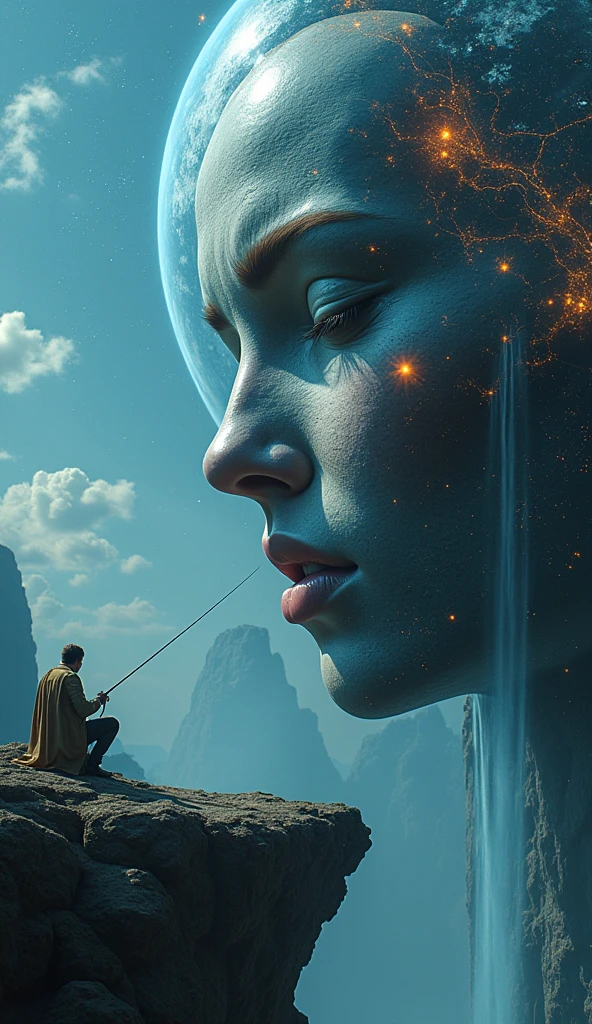 aerial cinematic photo A flat earth as a robot's face with transparent features showing intricate machinery. Waterfalls cascade into space, with 15th-century ships on the edge. A massive giant is seated, fishing into the abyss. The scene is set in space, with glittering stars and a surreal, fantastical atmosphere.