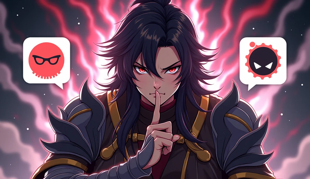 "Ek anime style image jisme ek badass pose mein character hai jo ek strong aura create kar raha hai. Character ka pose aisa ho ki wo apni ungli apne honth par rakhe hue ho, aur wo CapCut aur Alight Motion applications ko chup hone ke liye keh raha ho. CapCut aur Alight Motion ke faces ko square ya circle shape mein dikhaya jaye, taki un par app ka logo asaani se add kiya ja sake. Background mein ek dramatic aur intense theme ho, aur character ke outfit aur accessories ko bhi detail mein dikhaya jaye."