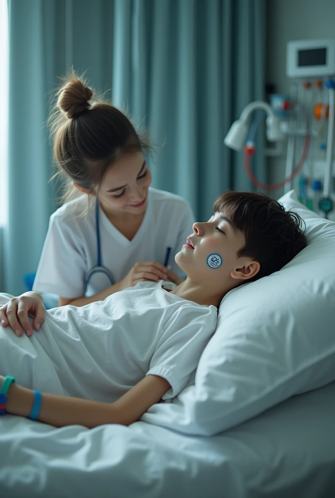 A 11 year old unconsious boy's mouth opened
 by nurse