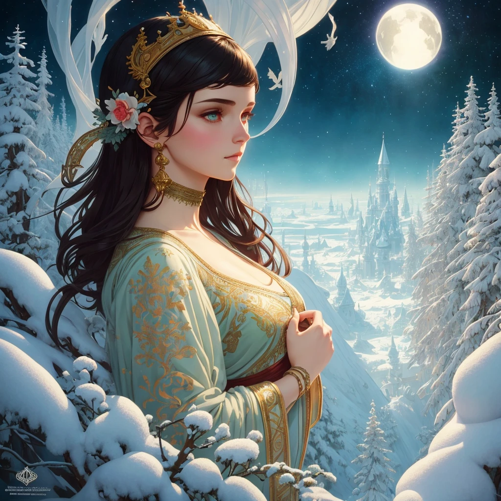 Aerial perspective captures a sprawling snowy forest at the North Pole, nestled within resides the city of Santa Claus and the toy factory with a whimsical design reminiscent of Disney animation, blending elements of cartoon charm with 3D depth, influenced by the artistic styles of Greg Rutkowski, Loish, Rhads, Beeple, Makoto Shinkai, Lois van Baarle, Ilya Kuvshinov, Ross, Tom Bagshaw, Alphonse Mucha, global illumination, detailed and intricate.