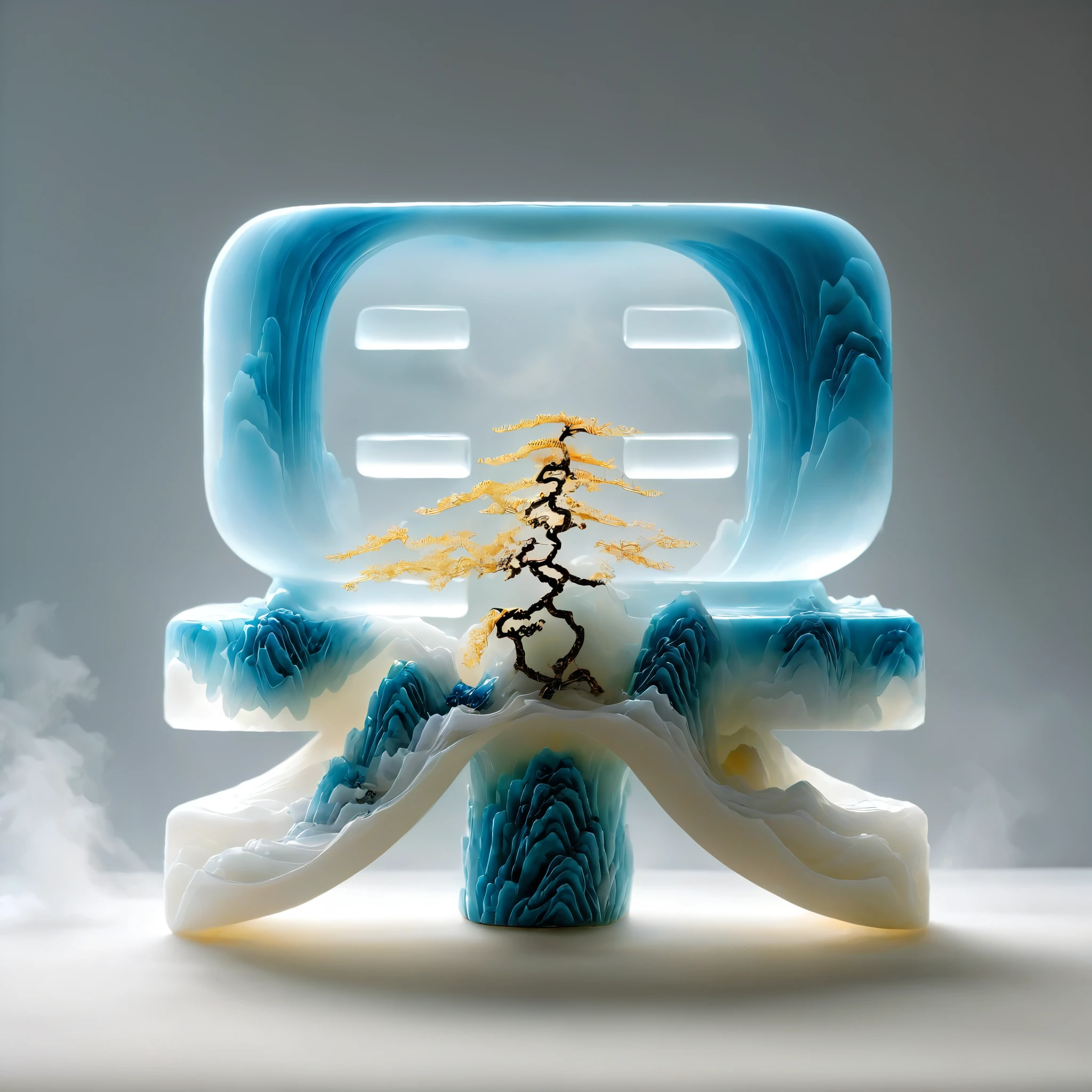 Micro landscape pattern carved on blue and white porcelain vase，Translucent glass material,Blue-white gradient,Traditional Chinese landscape painting,Abstract shapes,Minimalism,cave，3d。water vapor，White mist，Thick fog，