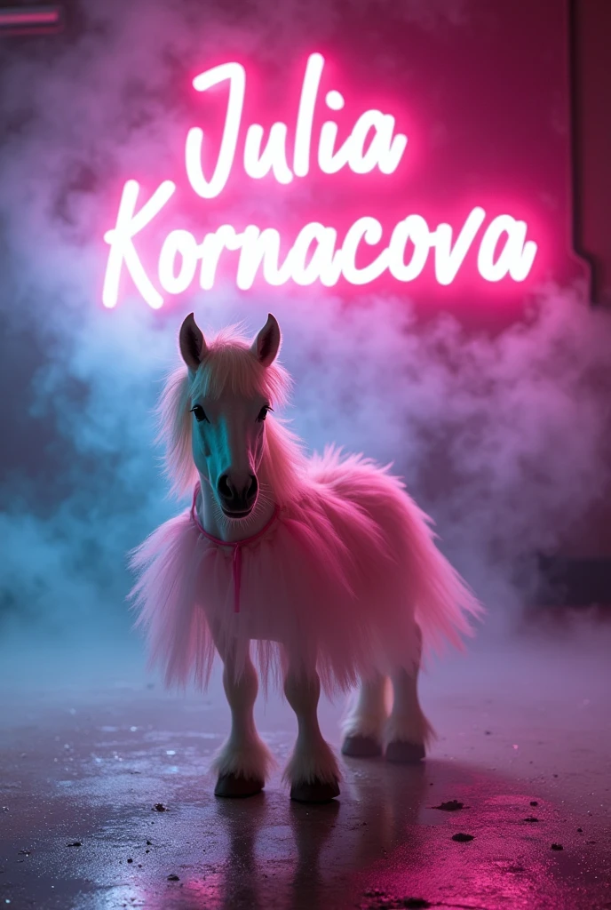 A realistically large amount of smoke, a fluffy white pony in a pink, airy dress in the background, the smoke is backlit with glitter on the wall, neon letters spell out Julia Kornacova