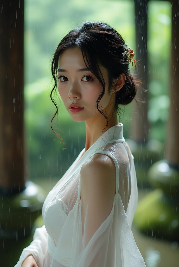 Wearing a wet, see-through white kimono、Realistic Japan woman in a temple, Beautiful Japanese Women, Beautiful Japanese Women, Japanese Goddess, Beautiful Japanese woman face、Tie your hair、How to put on a hairpin、Mature Woman、Sexy Japanese Women、Looking into the camera、Gazing into the Eyes、Facing forward、Look forward、it's raining、Beautiful clavicle、I narrowed my eyes.、Thin eyebrows、30-year-old woman、Low Nose、Thin lips、Light green lumbar girdle