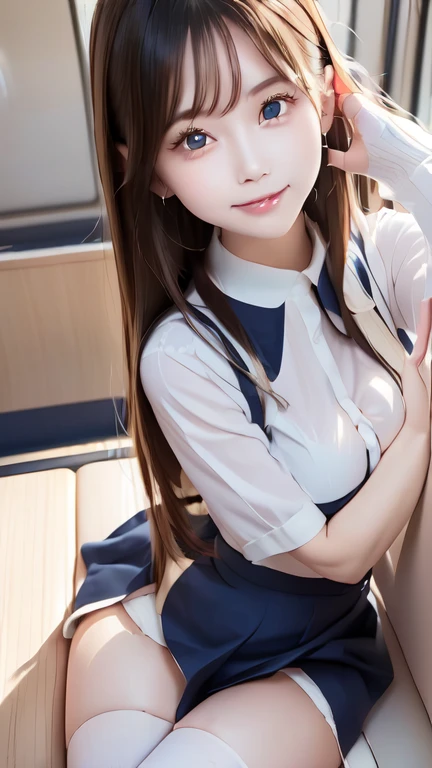 (Highest quality)), ((masterpiece)), (detailed), ((Full body shot 1.5)),A woman sitting with her legs apart on a train seat,,(((There are many people around her..5))),のBeautiful woman,,A woman smiling with her mouth open,The look of temptation,Very sexy,(((Big Breasts,Wear a white shirt with a collar..8,Wearing a navy blue mini skirt 1.8))),Wearing white socks up to the knees,Knee-high,
Beautiful woman,Beautiful Face,Big eyes,Beautiful Eyes,Beautiful double eyelids,Beautiful teeth alignment,A beautiful body line with a small face and an 8-head body proportion,Slender body,Beautiful Hands,Beautiful legs,Long hands,Long legs,Long and supple hair,Shiny black hair,Full body shot 1.4,Embarrassed expression,Blushing with a shy smile,mouth half open,Woman sitting with legs spread,(((lifting up her skirt with both hands to show off her white panties.5,Highlight the panties))),