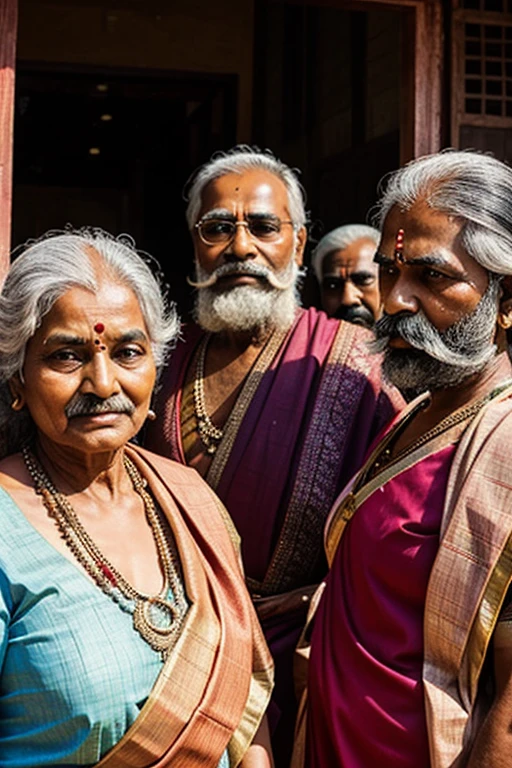 a group of Indian old women wearing sarees having beard and mustache
