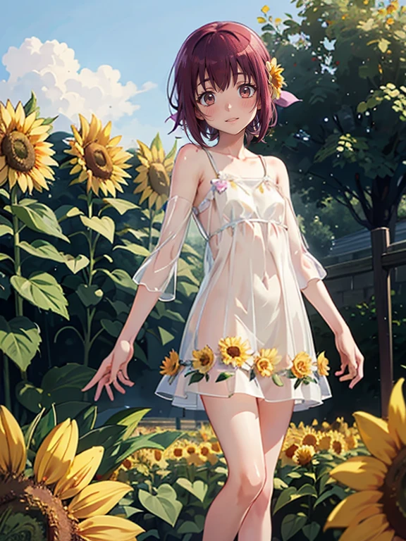 Realistic Skin, Ecstasy, Very short stature，Very thin thighs，13 years old，Small child:1.3，((Fully transparent:1.3) Transparent floral casual dress)，naked，outside，Midsummer Garden，Sunflower flowers，