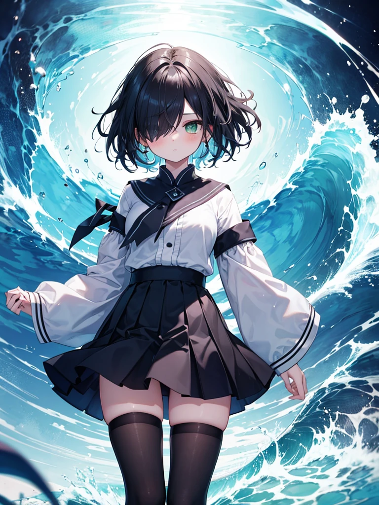 A girl with green eyes and black hair hiding one eye、It emits powerful vibrations。She wore a black skirt and tights、Its appearance is somewhat mysterious, yet exudes overwhelming power.。The energy overflowing from under his hidden eye、It caused a strong vibration around her.、The ground and air are shaking and trembling.。The wave of light emitted from the girl's hand、A brilliant green flash spreads around、Her green eyes shine brightly。Hair flying in the wind、The energy surrounding her whole body pulsates like a living thing.。In the background、Space seems to be distorted、It emphasizes the overwhelming power of girls.