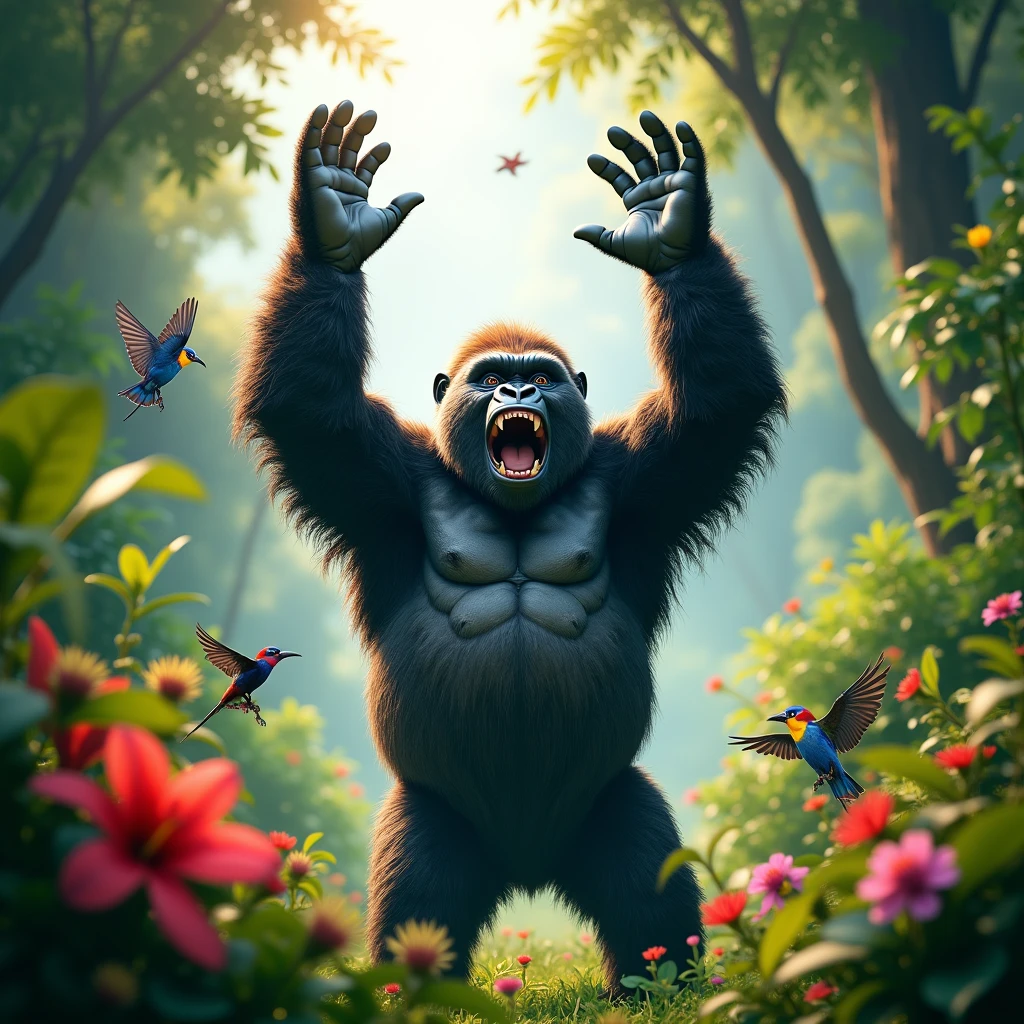 A gorilla clapping its hands above its head in celebration