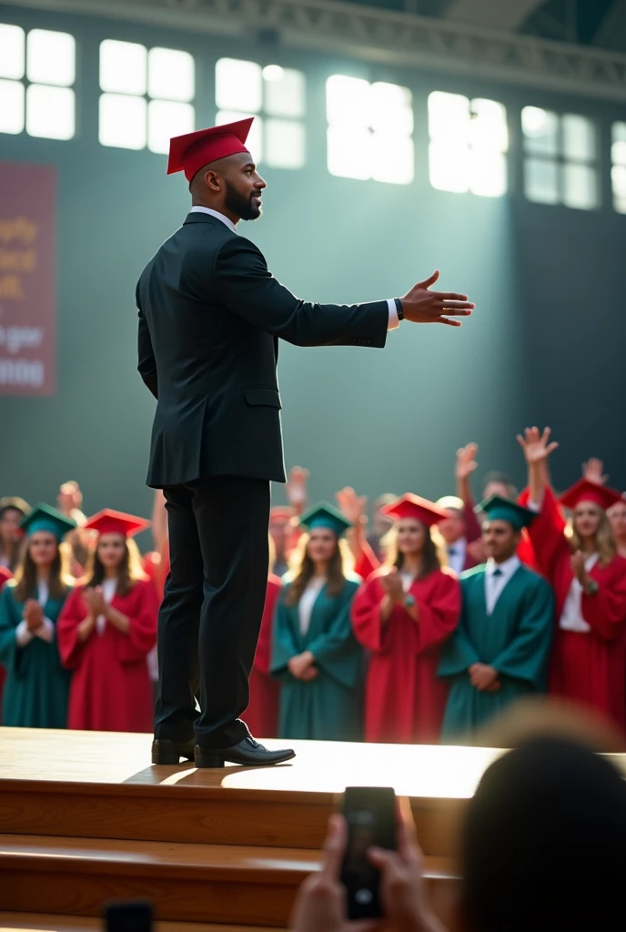 man speaking on stage graduation comic without speech bubble