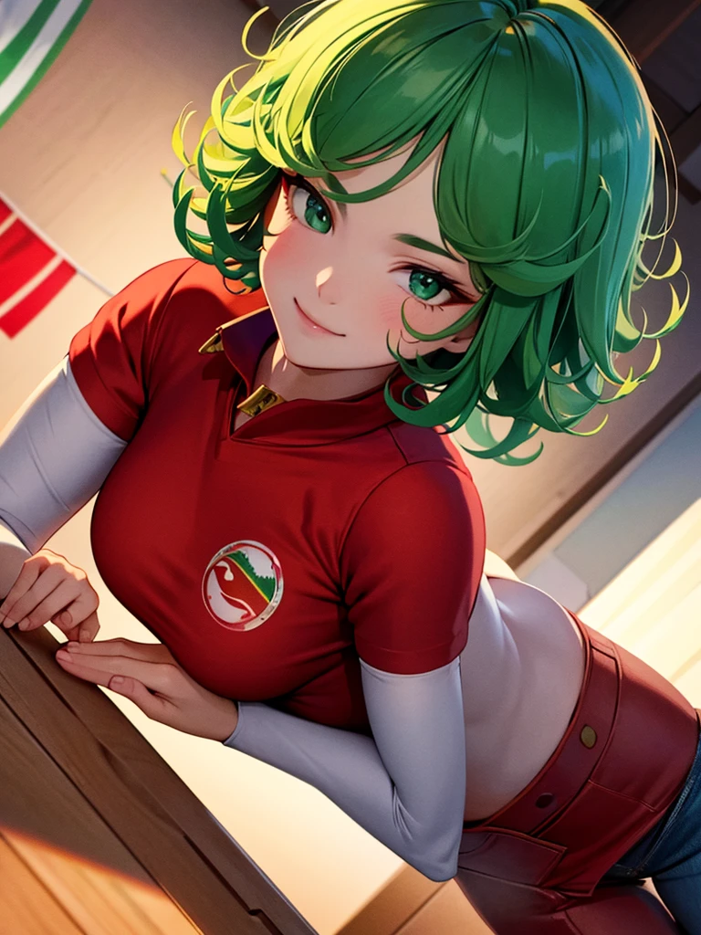 (high res, 8K, masterpiece, looking at viewer, best quality, very aesthetic, ultra detailed, ultra background, ultra Eyes, Realistic Eyes), intricate details, 1girl, Tatsumaki, plain red clothes, Smile Face, short jeans, Indonesian flag sticker on right cheek, Green short hair, Green eyes, holding the Indonesian flag, Indonesian flags on every street, Background Village, Cinematic Angle