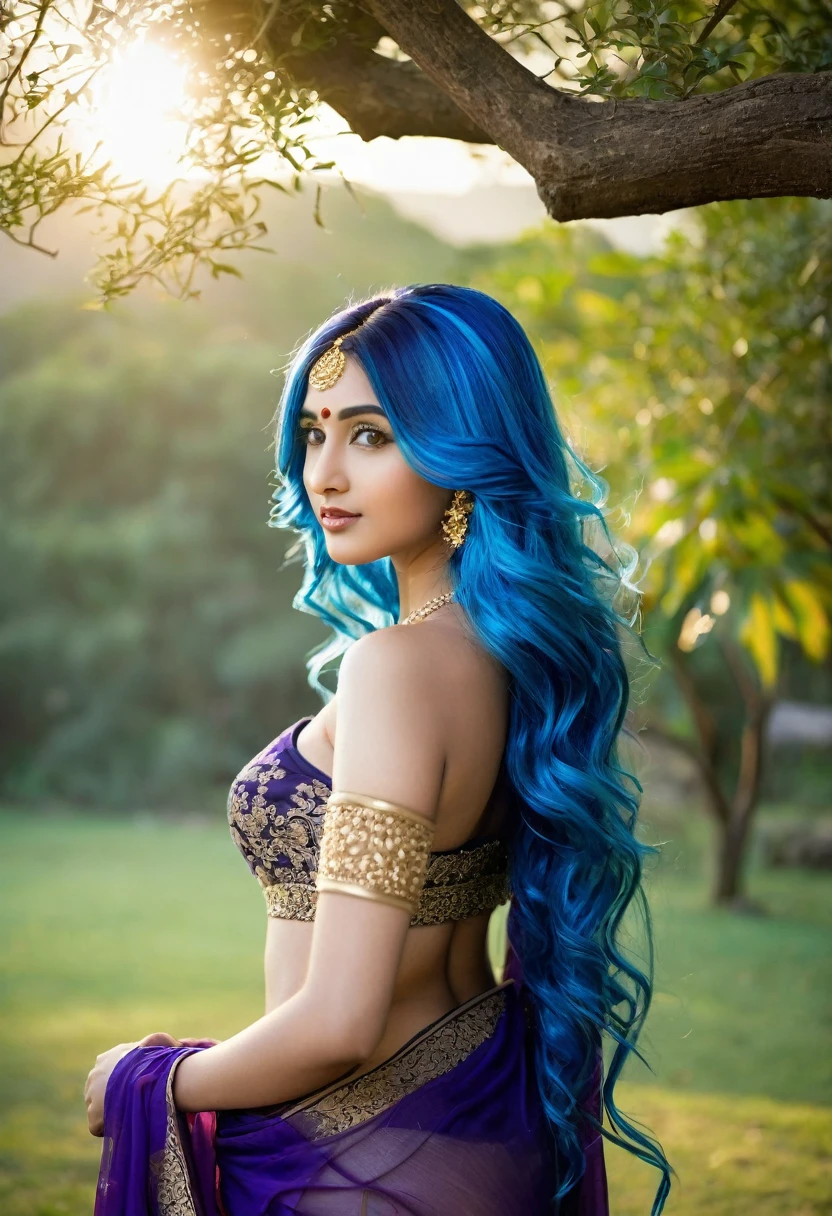 20 years old young girl with blue and white hair , long flowing blue hair, very long wavy azure blue hair, long blue hair, beautiful woman with blue hair, flowing blue hair, beautiful blue haired girl, pretty girl with blue hair, long azure blue hair, blue long hair, very long blue hair, girl with blue hair, blue hairstyle,, tall,height 180 cm, weight 45 kg, beautiful, athletic figure, medium round breasts , green eyes,(best quality, 4k, 8k, high definition), ultra detail, detailed face and facial features, beautiful detailed eyes, beautiful detailed lips, extremely detailed eyes and face, long eyelashes, graceful triangular face, classic lip shape, small graceful nose, super realistic

She is dressed in an exotic, anime-inspired outfit—a deep purple sheer sari with golden embroidery, draped loosely over her body. The sari is see-through, revealing a matching bikini underneath, and she wears gold bangles and a jeweled headpiece. Her outfit is adorned with intricate designs and lace.

She poses elegantly beneath the oak tree, one arm raised above her head, holding the end of the sari, while the morning sun illuminates her figure. The majestic mountains serve as a stunning background.







