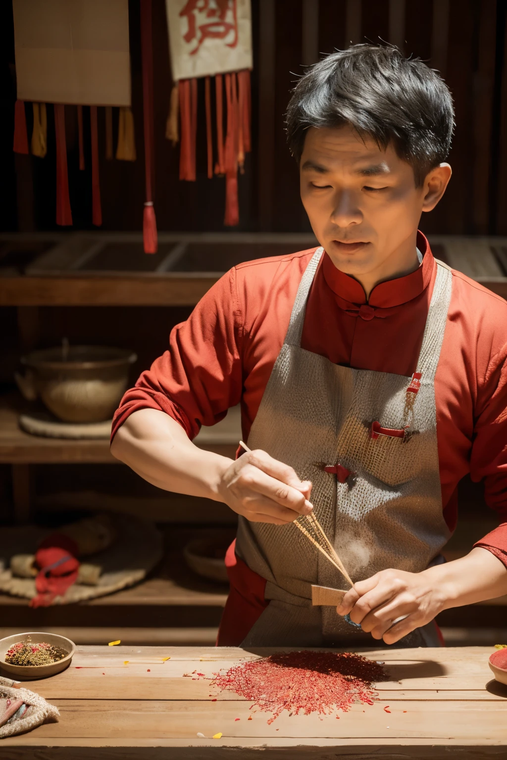 Making firecrackers, a traditional Chinese craft. A man making firecrackers. Details of the firecrackers.
