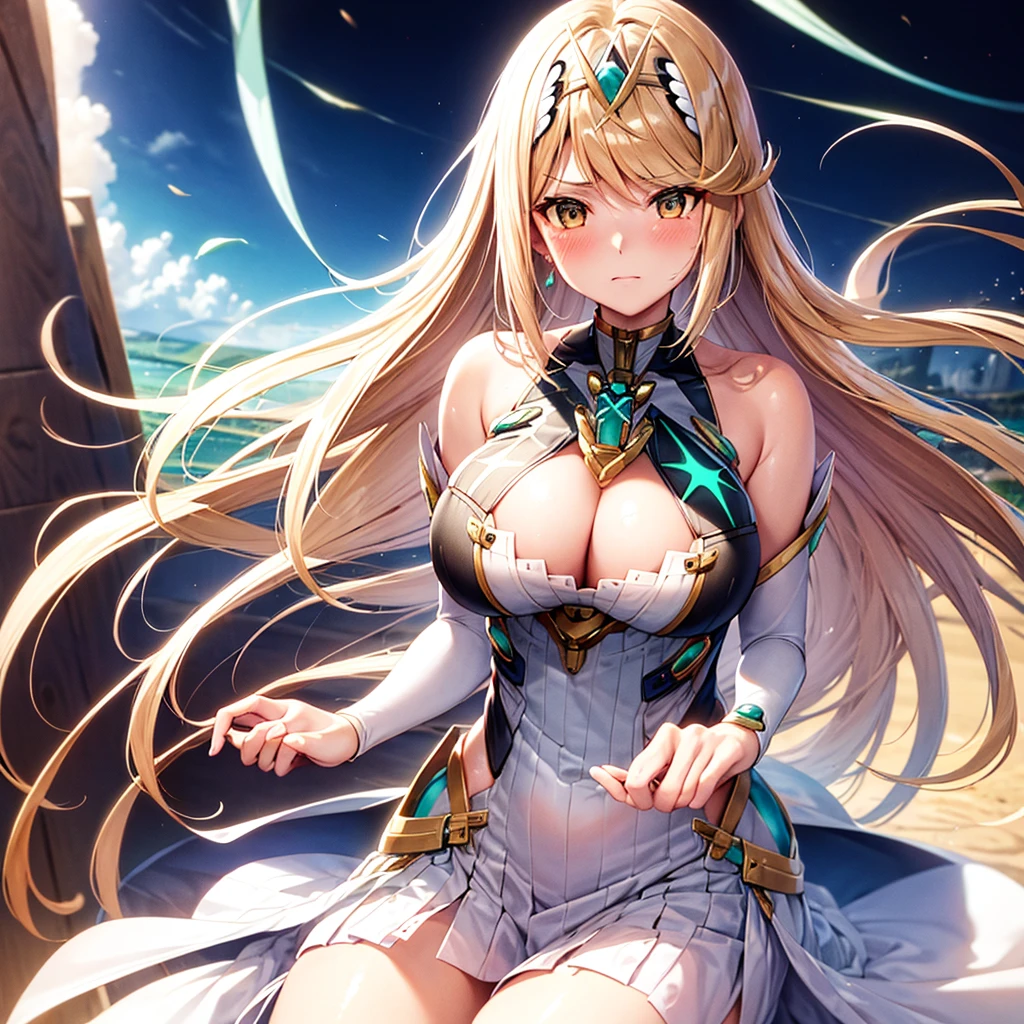 best quality, master piece, 1 woman, 20 years old, むちむちの足, round breasts, Mythra, ヒカリ、Xenoblade2, ゼノブレイド2, long hair, blondie hair, gold eyes, cleavage cut out, white dress, blush, crying, pink nipples, exhausted, very short skirt,