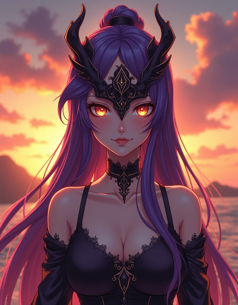 A realistic anime woman wearing a mask and purple hair stands in front of a sunset, inspirado em Magali Villeneuve, Oriental Face, pintura de personagem bonita, Estilo de arte oriental, arabian art, 8k arte detalhada de alta qualidade, epic fantasy art portrait, epic exquisite character art, regal and menacing visage, detailed face of an arabic woman, Graphic artist Magali Villeneuve