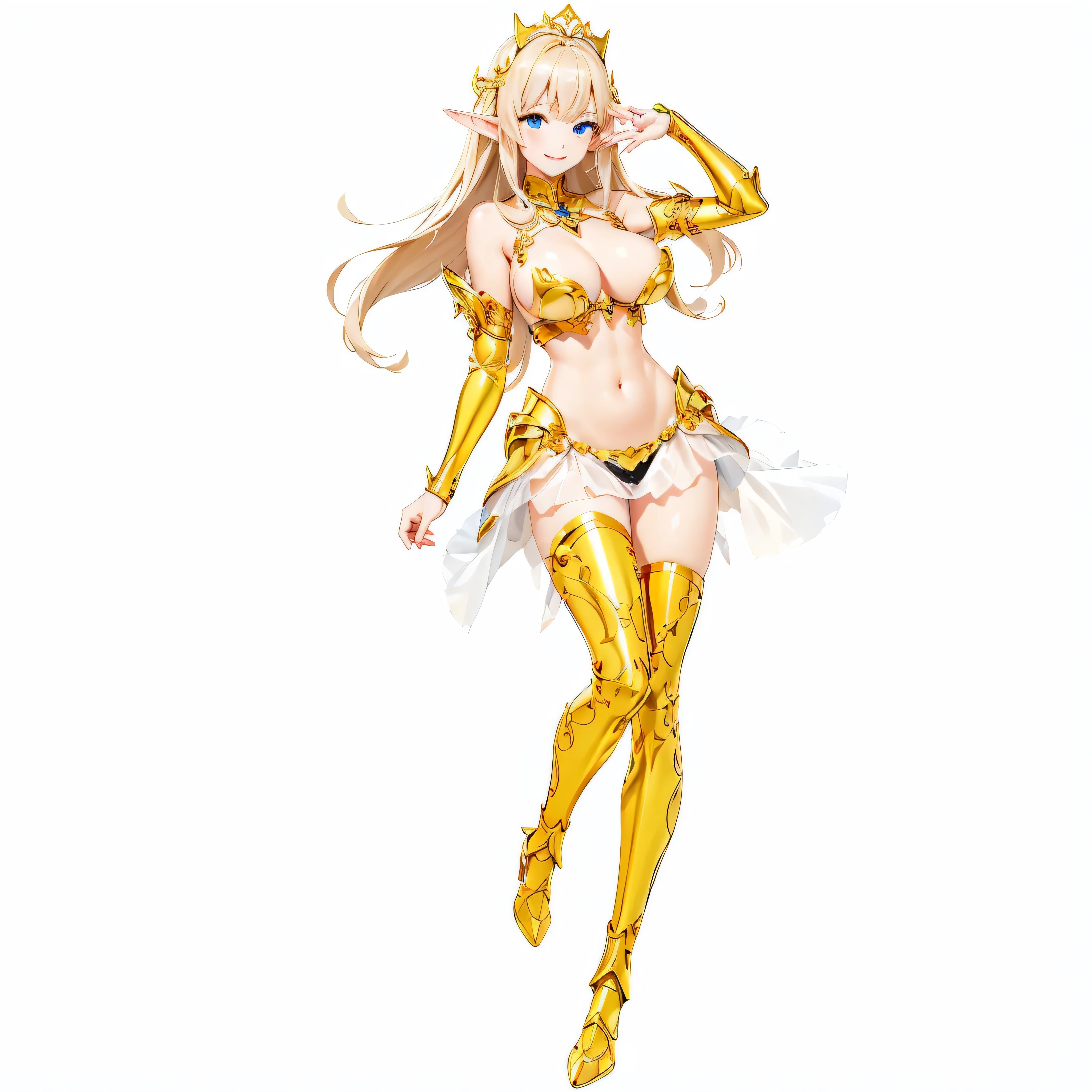 Highest quality、Very detailed、High resolution、16k、Thin contours、耳の長いElf、Nipples are visible、Shining golden armor、Gold bikini armor、Very large breasts、Extremely transparent skirt、Wearing black pants、chest proportion、Smile of the Goddess、Very white skin、Beautiful fingers、Perfect Style、Elf、No bra、Blonde hair and blue eyes、Cool smile