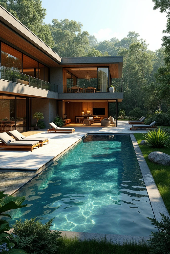 Draw a floor plan of a spacious house with a swimming pool and lots of trees, modern