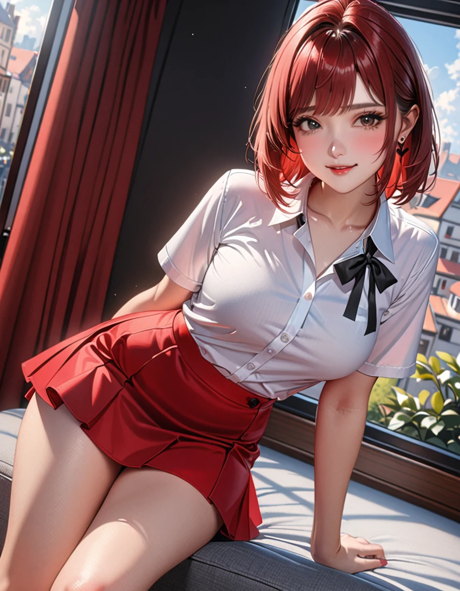 masterpiece, High resolution, high quality, Very detailed, Red mini skirt, Black Ribbon, White shirt,