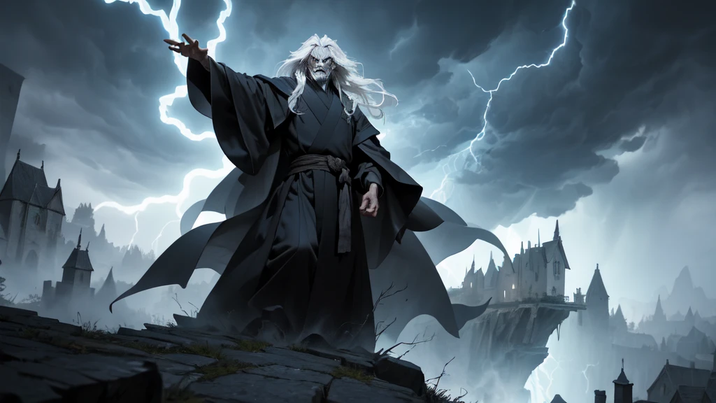 An old, menacing sorcerer with long grey hair, a dark robe, and glowing eyes stands on a high cliff overlooking a terrified village. The sky above is stormy with dark clouds swirling and crackling with lightning. Ghostly spirits hover menacingly in the air around him, drifting toward the village below. The sorcerer, with his hands raised, looks powerful and sinister as the villagers run in fear from the unleashed storms and spirits (detailed face) (ultrarealistic) (8k, best quality)