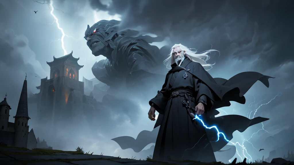 An old, menacing sorcerer with long grey hair, a dark robe, and glowing eyes stands on a high cliff overlooking a terrified village. The sky above is stormy with dark clouds swirling and crackling with lightning. Ghostly spirits hover menacingly in the air around him, drifting toward the village below. The sorcerer, with his hands raised, looks powerful and sinister as the villagers run in fear from the unleashed storms and spirits (detailed face) (ultrarealistic) (8k, best quality)