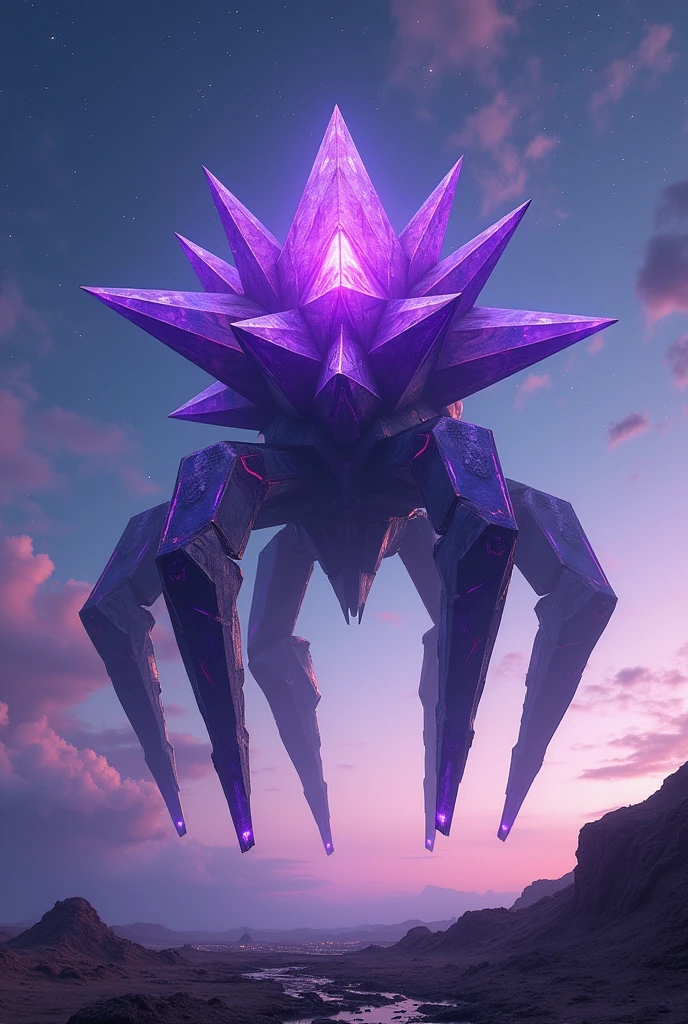 purple crystal-like jagged bodied large star shaped mech with jagged crystal legs and is floating above ground