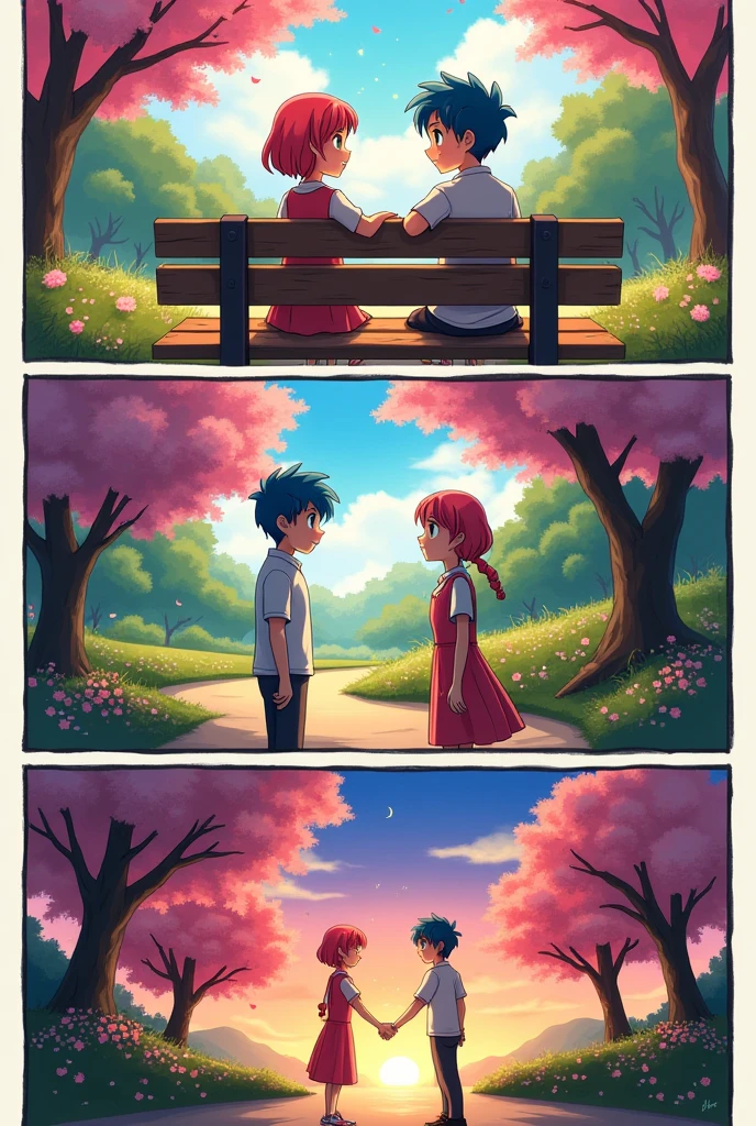 Generate an image of this comic strips with anime style
 
Slide 1:
 
Panel 1: Person A and Person B are standing facing each other in a park.
 
Slide 2:
 
Panel 1: Person A and Person B are sitting on a bench, continuing their conversation.

Slide 3:
 
Panel 1: Person A and Person B are walking along a path in the park.
  
Slide 4:
 
Panel 1: Person A and Person B are now parting ways, waving goodbye.
