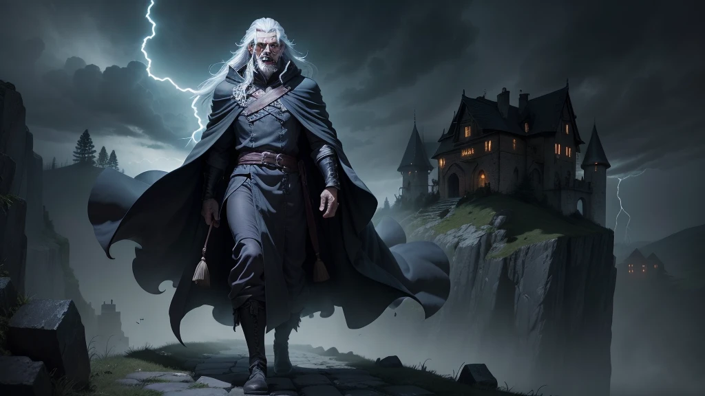 An old, menacing sorcerer with long grey hair, a dark robe, and glowing eyes stands on a high cliff overlooking a terrified village. The sky above is stormy with dark clouds swirling and crackling with lightning. Ghostly spirits hover menacingly in the air around him, drifting toward the village below. The sorcerer, with his hands raised, looks powerful and sinister as the villagers run in fear from the unleashed storms and spirits (detailed face) (ultrarealistic) (8k, best quality)