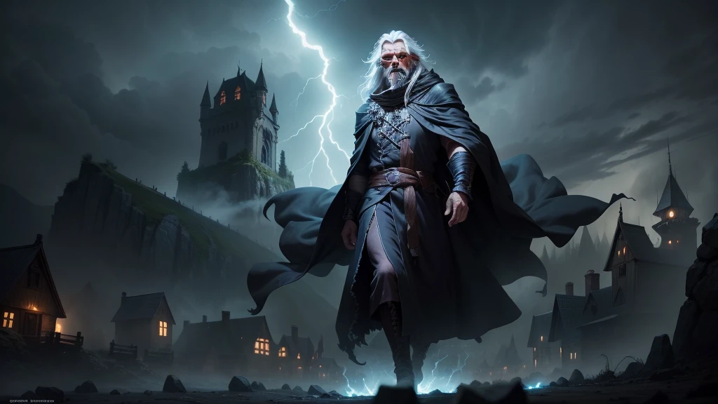 An old, menacing sorcerer with long grey hair, a dark robe, and glowing eyes stands on a high cliff overlooking a terrified village. The sky above is stormy with dark clouds swirling and crackling with lightning. Ghostly spirits hover menacingly in the air around him, drifting toward the village below. The sorcerer, with his hands raised, looks powerful and sinister as the villagers run in fear from the unleashed storms and spirits (detailed face) (ultrarealistic) (8k, best quality)