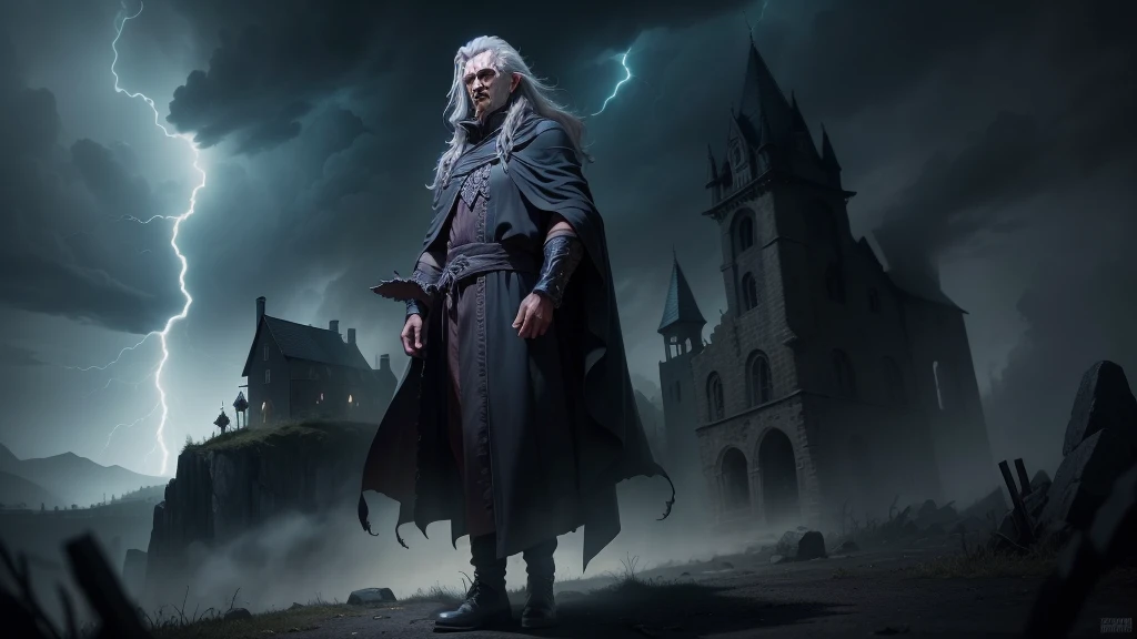 An old, menacing sorcerer with long grey hair, a dark robe, and glowing eyes stands on a high cliff overlooking a terrified village. The sky above is stormy with dark clouds swirling and crackling with lightning. Ghostly spirits hover menacingly in the air around him, drifting toward the village below. The sorcerer, with his hands raised, looks powerful and sinister as the villagers run in fear from the unleashed storms and spirits (detailed face) (ultrarealistic) (8k, best quality)