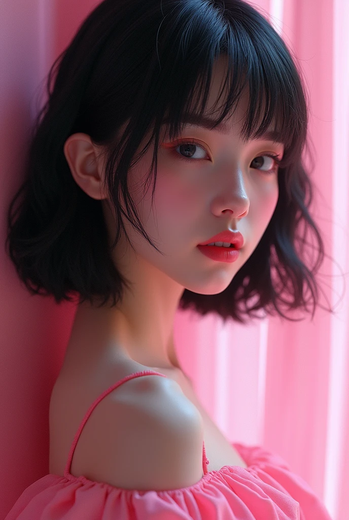 painting of a woman with black hair and a pink dress with a flare effect, (finely detailed skin), pale skin, beautiful epic composition, futuristic, masterpiece, sensual, appealing, posing for a photo, soft light 4k, james jean and wlop, weta studio and james jean, james jean soft light 4k, james jean soft light 4 k, karol bak and peter mohrbacher, beeple and james jean, by Roberto Ferri, james jean and peter mohrbacher, james jean andrei riabovitchev