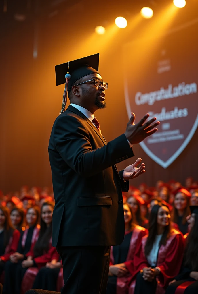 man speaking on stage graduation comic without speech bubble whife