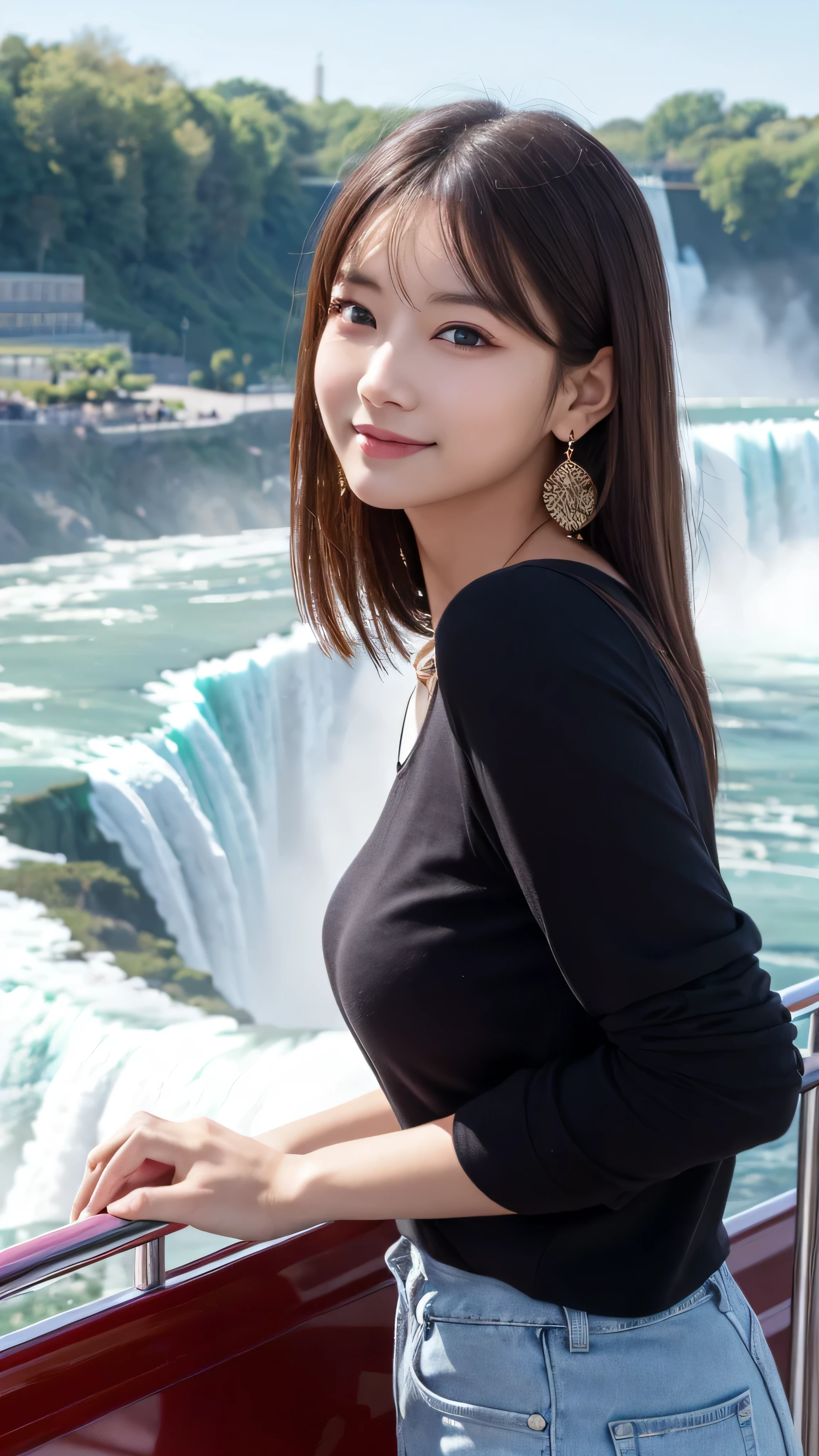 （３２hair,High resolution,Attention to detail,High resolution,high density,alone,In addition：1.3）,（Realistic person々,Live Action,fine grain,High resolutionの目,Beautiful Eyes,Eyes that look alive,美しい濃いBlue eyes,Fishing eyes,Detailed lips,Translucent white skin,Realistic face in every detail：1.3）,（Japanese Ido,hairorean Idols,Japanese Model,hairorean models,hairorean hair-Pop Female Idols：1.2）,（blush,Natural Makeup,necklace,Earrings,Belly button earrings：1.4）Beautiful casual look：1.6）,（Shapely breasts：1.5）,（Young but very beautiful hairorean１6 years old ,Fashion Leader,Fashion Model,Soft Skin,Unforgettable Eyes,Her eyes are so beautiful,I want to go to the Paris Collection.........,Cutting-edge fashion：1.6）,（Please show me your whole body,Showing off full-body fashion,スタイリッシュなBlue eyes：1.7）（Random Trend Fashion:2.0）smile、angel&#39;Smile、1 person, Very beautiful Japanese idol portraits, 
(RAW Photos, Highest quality), (Realistic, Realistic:1.4), (masterpiece), 
Very delicate and beautiful, Very detailed, 4K wallpaper, wonderful, finely, Very detailed CG Unity 8k 壁紙, Very detailed, High resolution, Soft Light, 
Beautiful details, Very detailed目と顔, Beautiful and sophisticated nose, finelyてBeautiful Eyes, Cinema Lighting, 
(Take a photo in front of Niagara Falls on a sightseeing boat:1.3),
(Medium Hair), (Parted front hair), 
Complete Anatomy, Slender body, smile、Blue eyes、