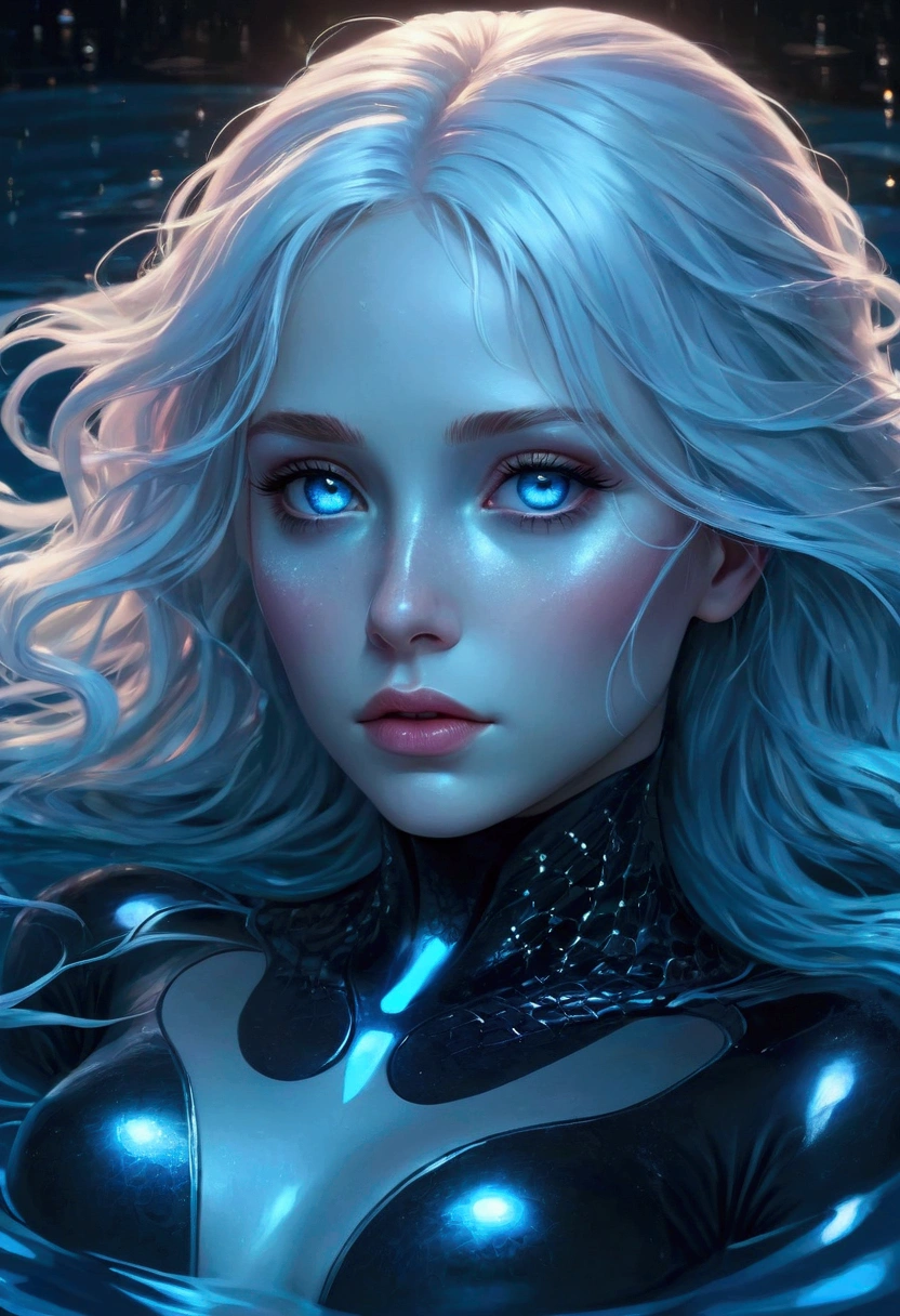 ((best quality)), ((masterpiece)), (detailed), (total body), perfect face, two beautiful wiman. The first woman has white long hair and a sky blue reflection, she has a tufted fringe, she has sky blue eyes, she has total black cyber suit clothes with some neon sky blue lights on it, cyber line on her face, she is sad, she is lying on the water in a pond, in the night with skyblue lights, total body. The second woman is a mermaid with red hair and blue eyes, she want to kiss the girl with white hair. Two characters.