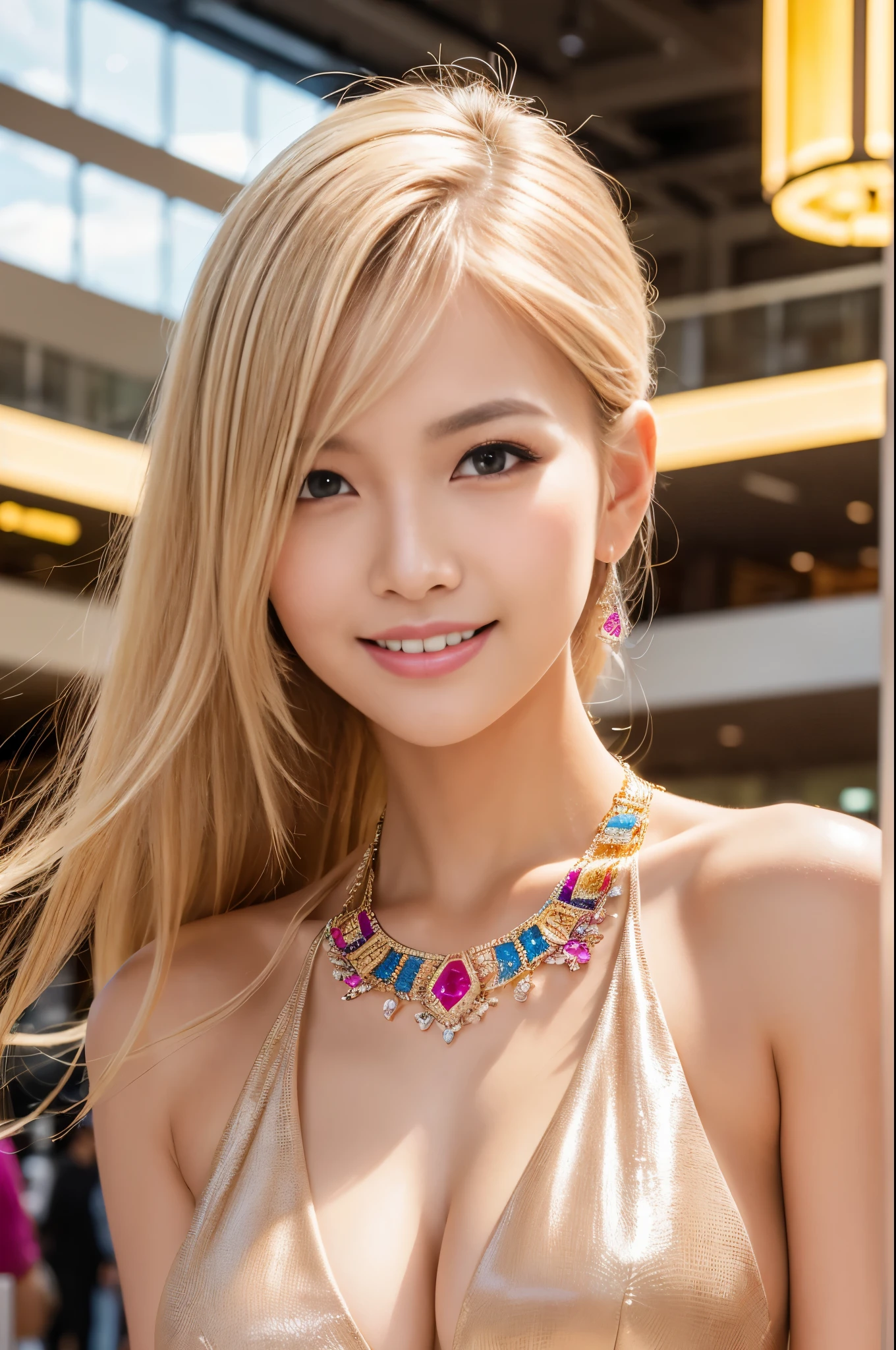 (masterpiece:1.4), (best quality:1.4), ultra high res, ultra high resolution, ((detailed facial features)), HDR, (realistic, photorealistic, photo-realistic:1.37), closeup, sexy seductive Thai woman, (seductive smile), long lashes, beautiful makeup, platinum blonde hair, fair skin, slender figure, elegant posture, wearing large sparkling colorful jewelery, wearing a business style leather dress, standing in a large shopping mall, gentle sunlight shining through the shopping mall windows, casting a soft glow on her face, adding warmth to the scene, vibrant colors, capturing the essence of vibrant city life, portrait style, showcasing her natural beauty and grace in a feminine way