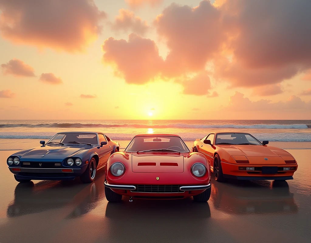 A picturesque vintage scene featuring three iconic cars, each in a different color and angle, positioned together at sunrise on a stunning beach. In the center is a classic red Ferrari, viewed head-on with its sleek curves catching the first rays of sunlight. To the left, a deep blue Nissan GTR is angled slightly towards the Ferrari, showcasing its powerful side profile. On the right, a vibrant orange Toyota Supra is angled towards the viewer, emphasizing its bold, sporty front. The background displays a breathtaking sunrise with the sun half-risen above the horizon, casting a warm golden light across the serene beach, where gentle waves meet the shore. The overall composition blends the beauty of classic automotive design with the tranquility of a perfect morning by the sea