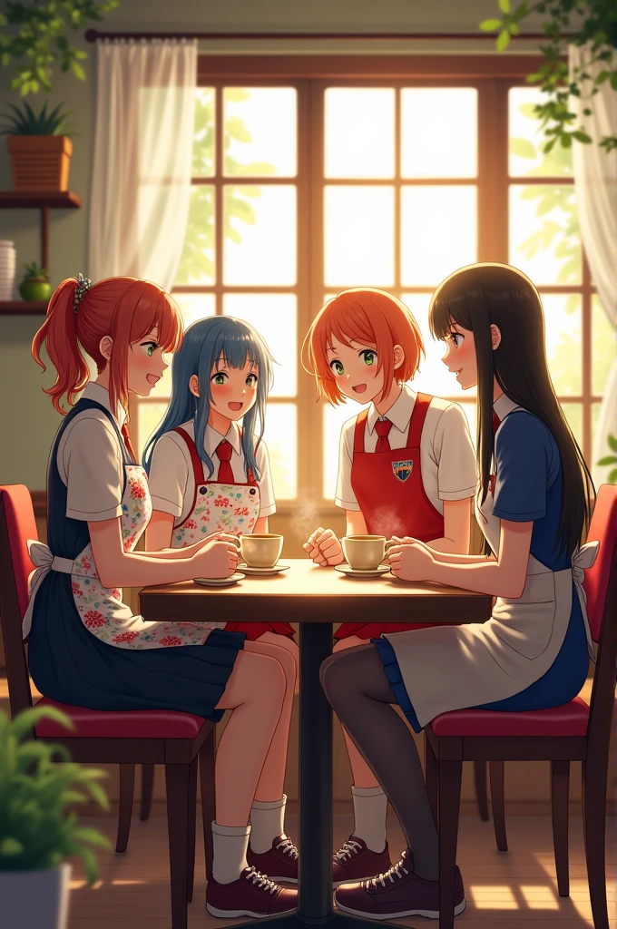 generate a photo of four girls sitiing in a cafe wearing different uniforms. they are smiling while holding their coffees 