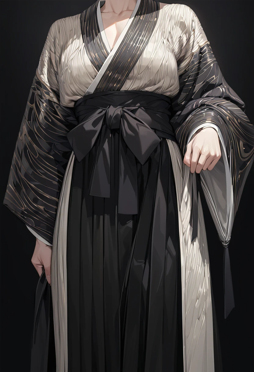 Dressed in black hakama, Brown short hair, Very large cat ears, Pink eyes, Pale red lips, A kimono with a rough seashore pattern, Black background, super high quality, Ultra-fine detail, Extremely thin handle, Anatomical correct, Confident々Smile