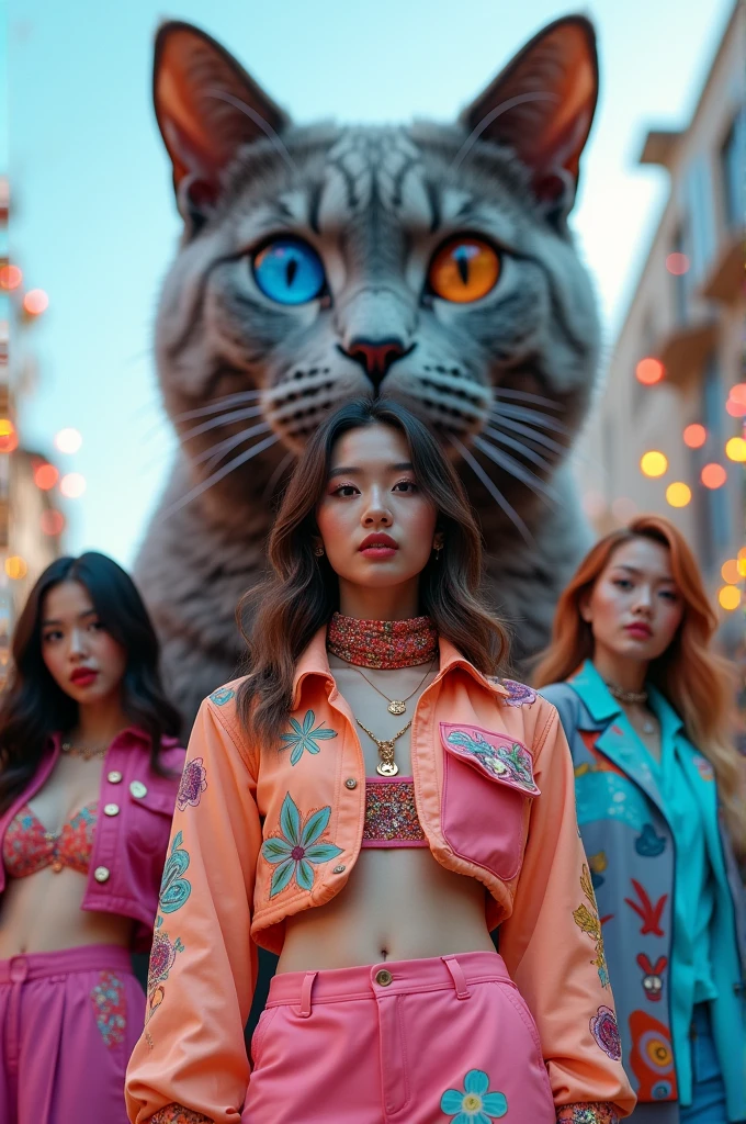 I'm taking photos for a new concept album. Create a girl group concept photo with a giant cat with two colored eyes