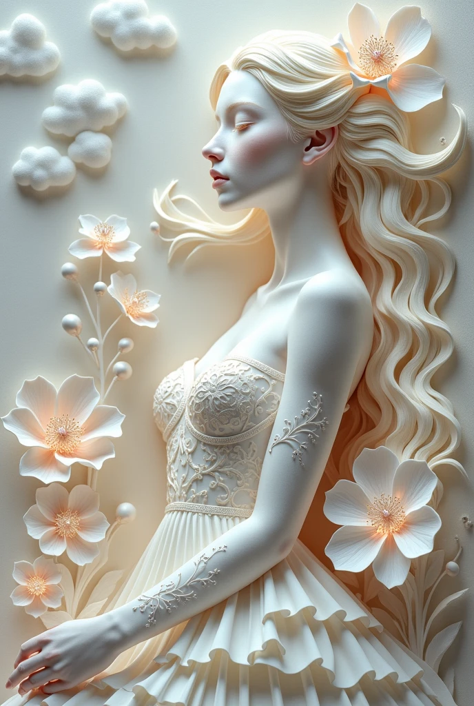 Whimsical Ornate titanium white metallic, Intricately detailed white 3D paper patchwork of a fantasy white maiden, style by Catherine Abel