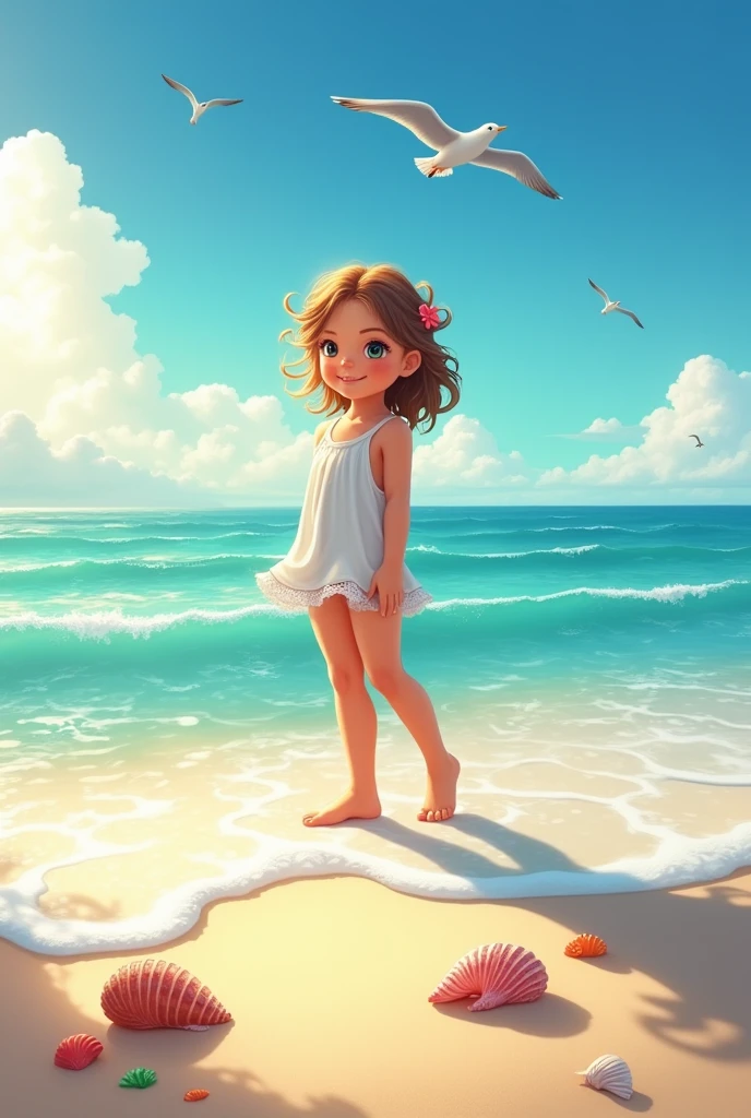 A girl who is standing on the beach with out clothes