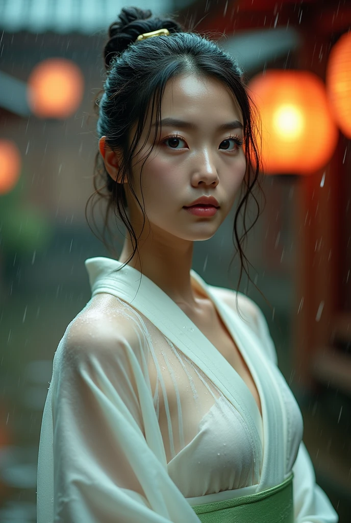 Wearing a wet, see-through white kimono、Realistic Japan woman in a temple, Japanese Goddess, Beautiful Japanese woman face、Tie your hair、How to put on a hairpin、Sexy Japanese Women、Looking into the camera、Gazing into the Eyes、Facing forward、Look forward、it's raining、Beautiful clavicle、I narrowed my eyes.、Thin eyebrows、Low Nose、Thin lips、Light green lumbar girdle
