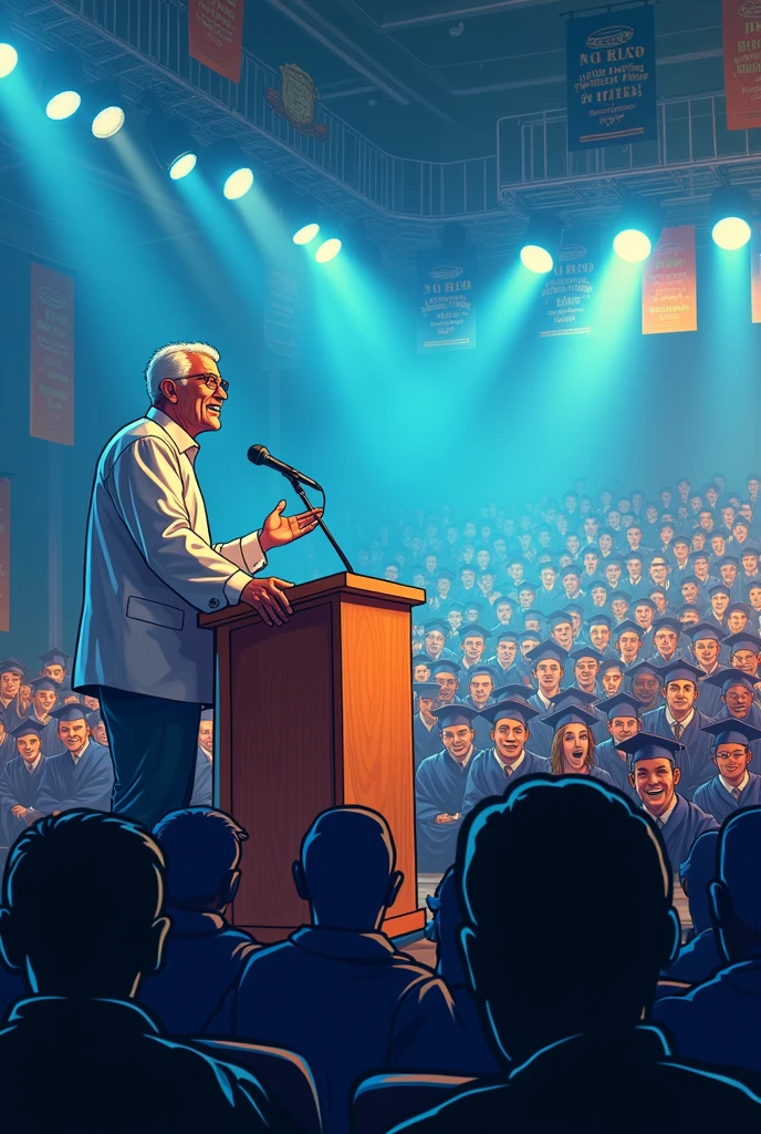 man speaking on stage graduation comic without speech bubble white man